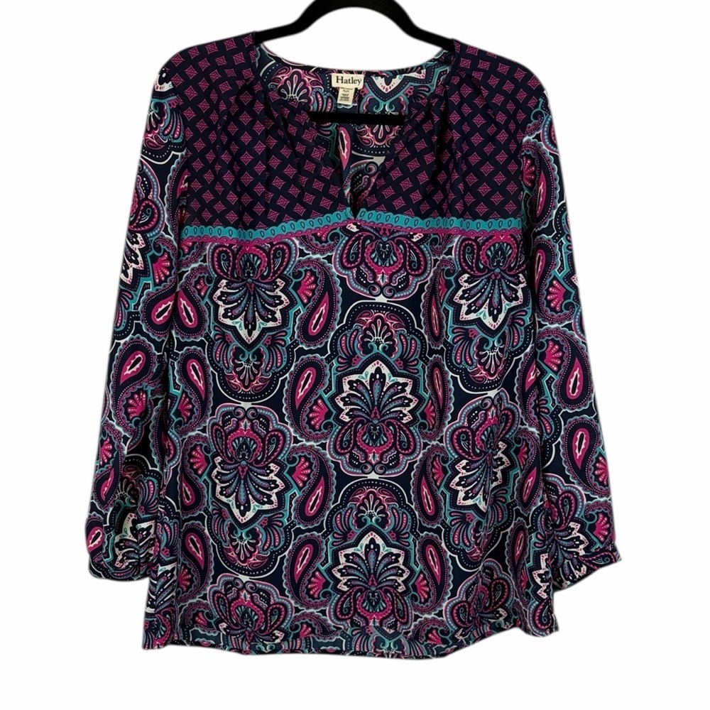 Hatley Paisley Print Blouse Navy Pink Teal 3/4 Sleeve Top Size Medium